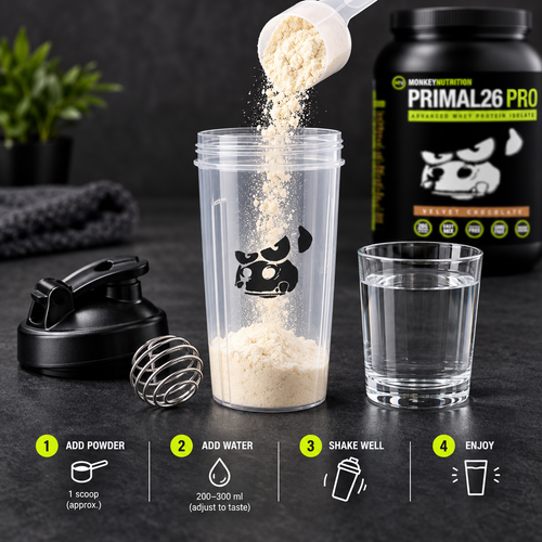 Mixing preparation Primal26 PRO protein powder being poured into a shaker bottle ready to mix with water